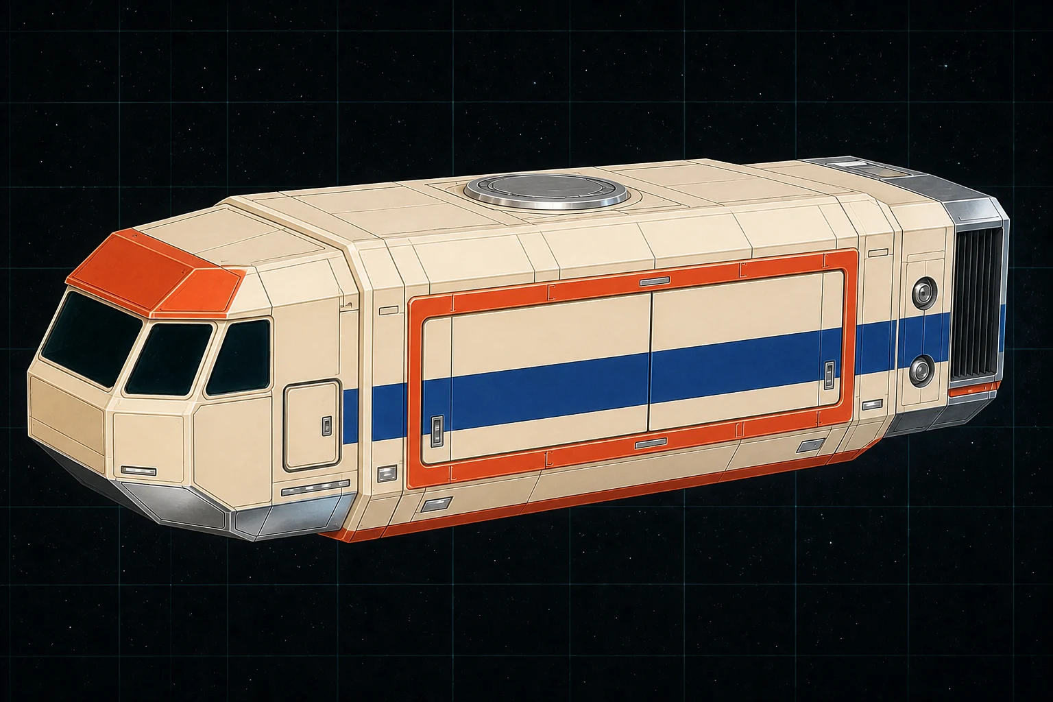 Painted three-quarter view of Dory, an ivory, royal-blue, and vermilion twenty-ton unarmed utility launch built around a broad cargo shutter.
