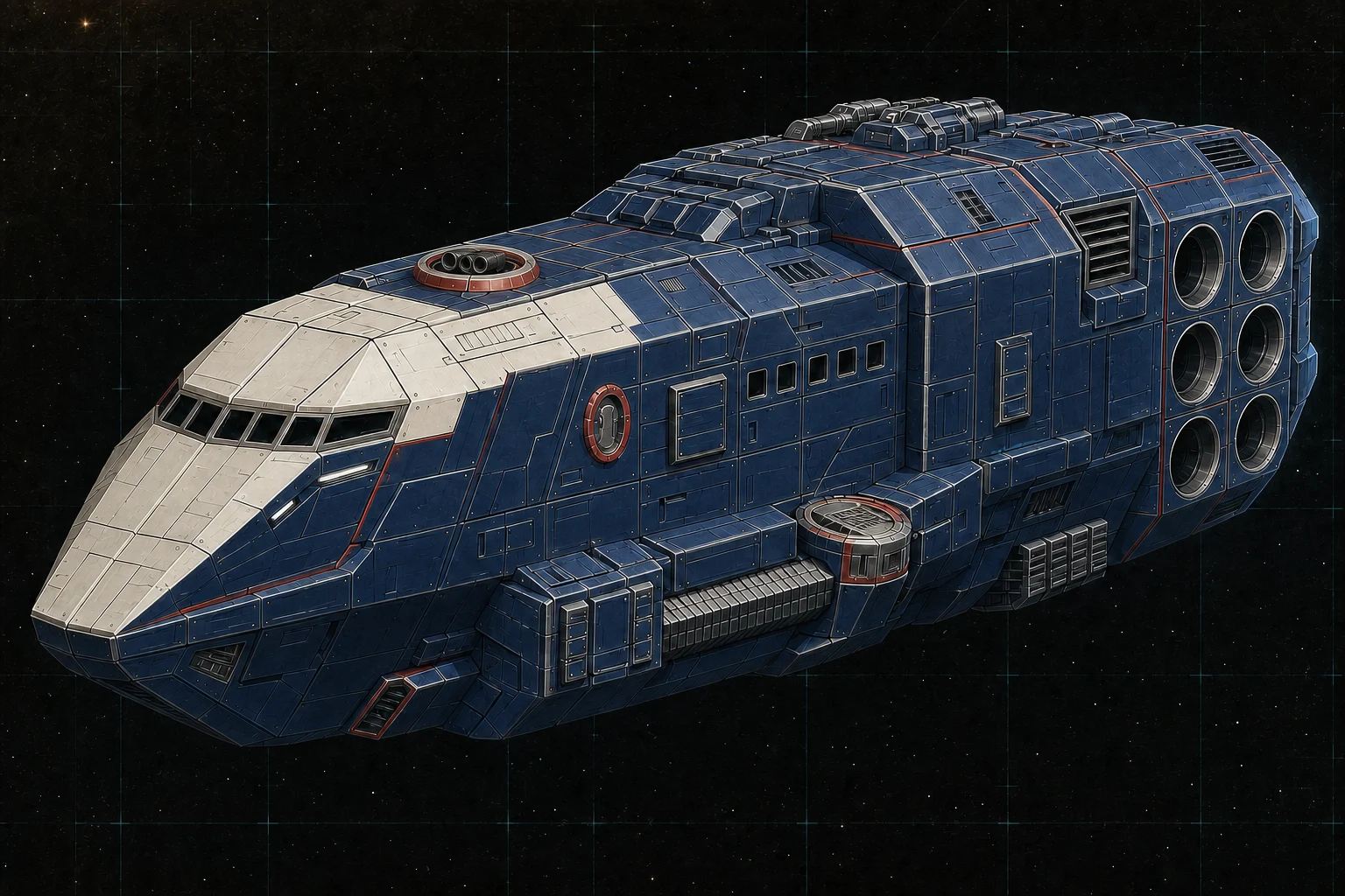 Painted three-quarter view of Decatur, a navy, warm-white, and signal-red three-hundred-ton stealth corvette with a triple-beam cup and a closed flank missile turret.