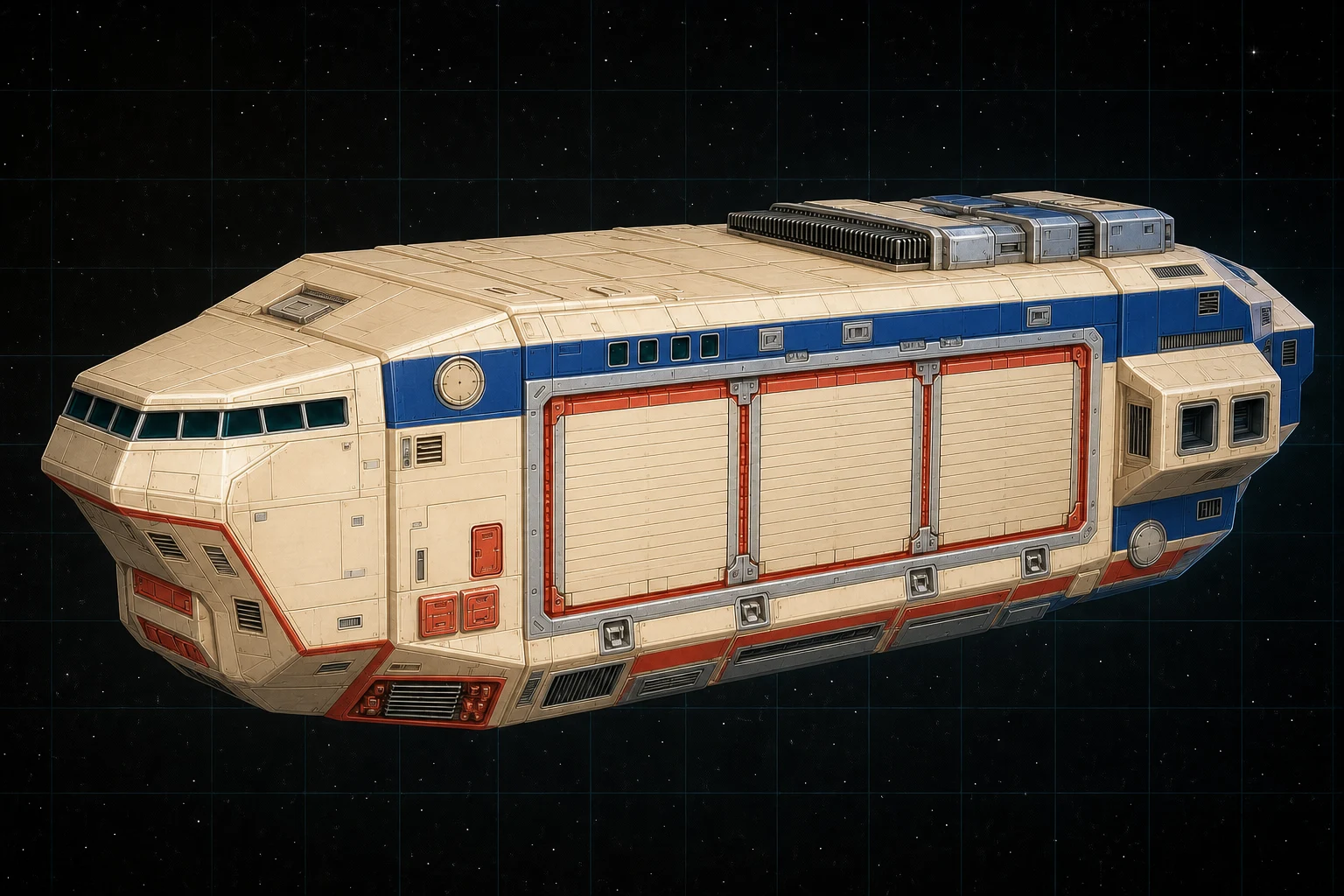 Painted three-quarter view of Fugger, an ivory, royal-blue, and vermilion four-hundred-ton unarmed bulk freighter with three immense cargo shutters.