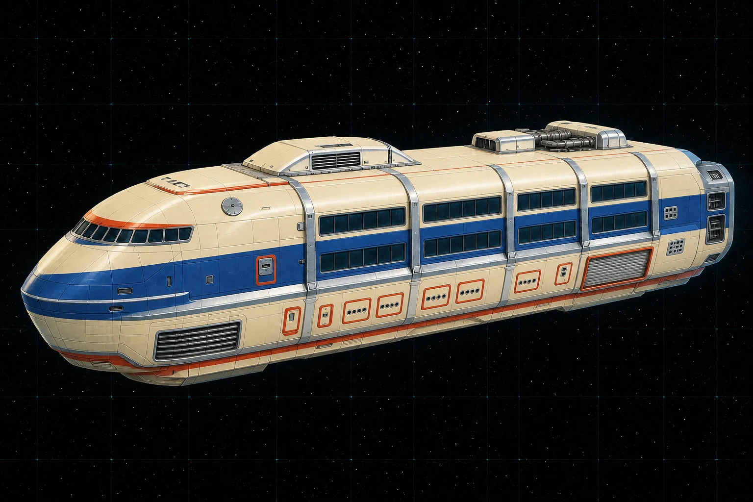 Painted three-quarter view of Pullman, an ivory, royal-blue, and vermilion three-hundred-ton unarmed scheduled passenger liner.