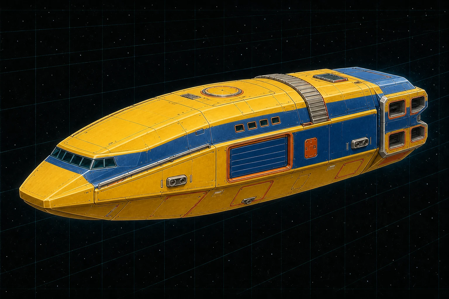 Painted three-quarter view of Pony Express, a sunflower, cobalt, and orange one-hundred-ton unarmed Jump-2 priority courier.