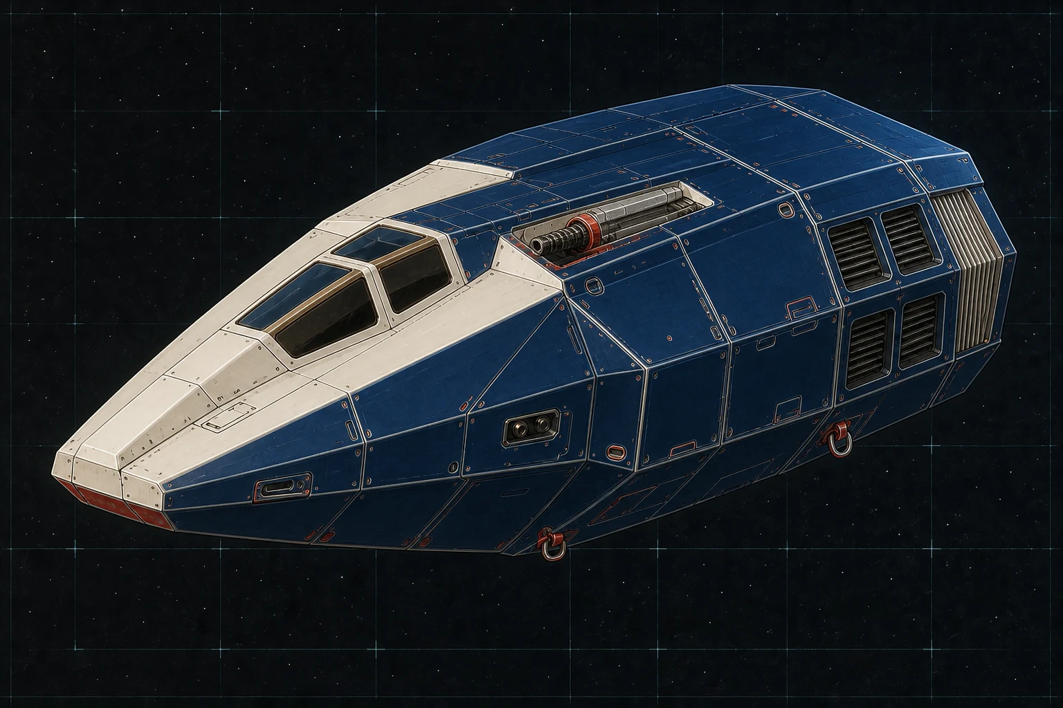 Painted three-quarter view of Thermopylae, a navy, warm-white, and signal-red ten-ton fleet-defense fighter with one fixed pulse laser.