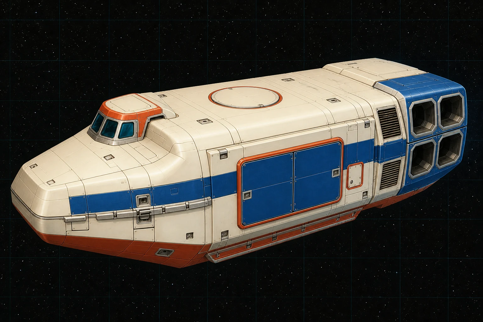 Painted three-quarter view of Tender, an ivory, royal-blue, and vermilion thirty-ton unarmed general-purpose ship's boat.