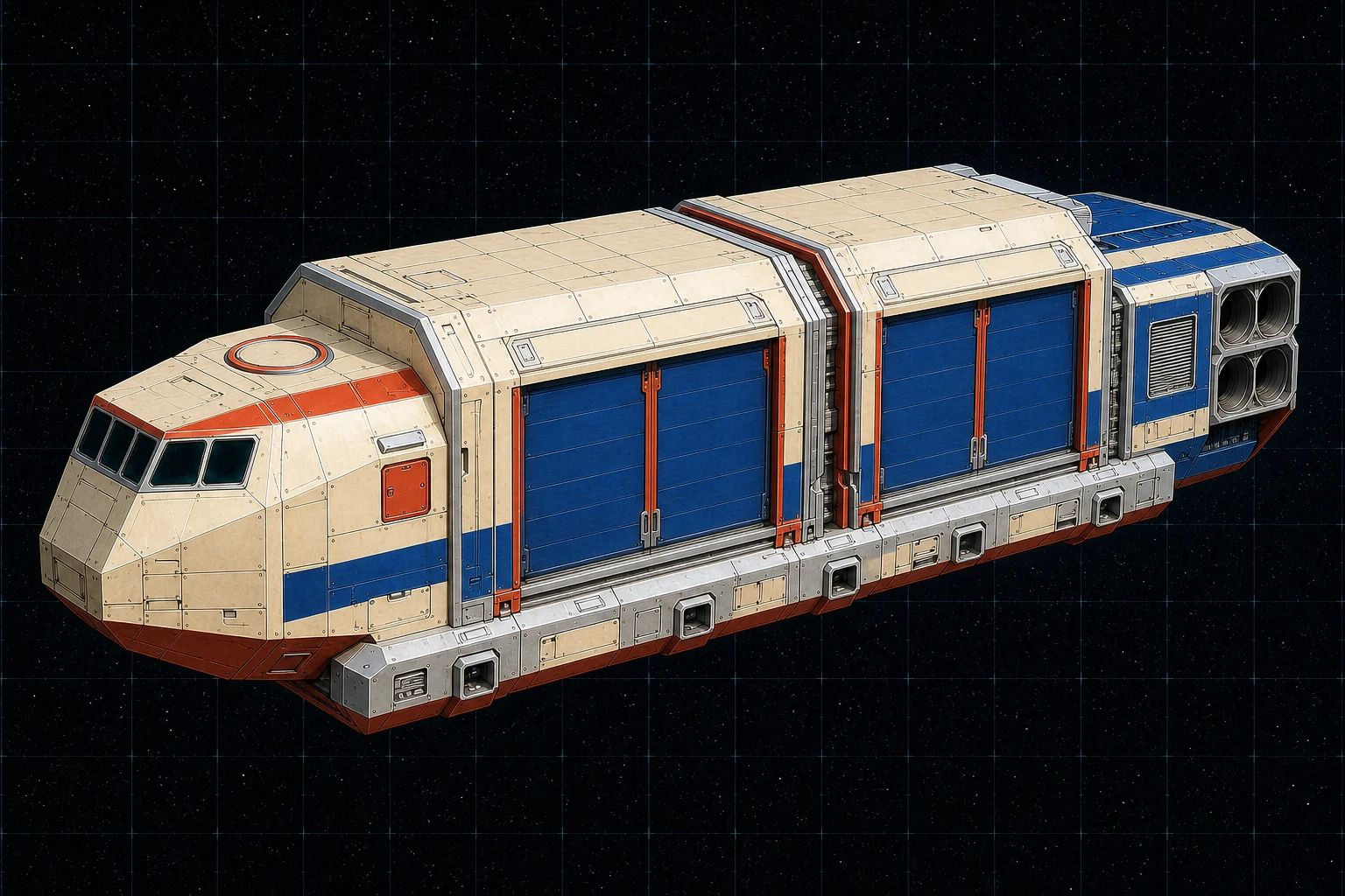 Painted three-quarter view of Bactrian, an ivory, royal-blue, and vermilion ninety-ton unarmed bulk shuttle with twin freight humps.