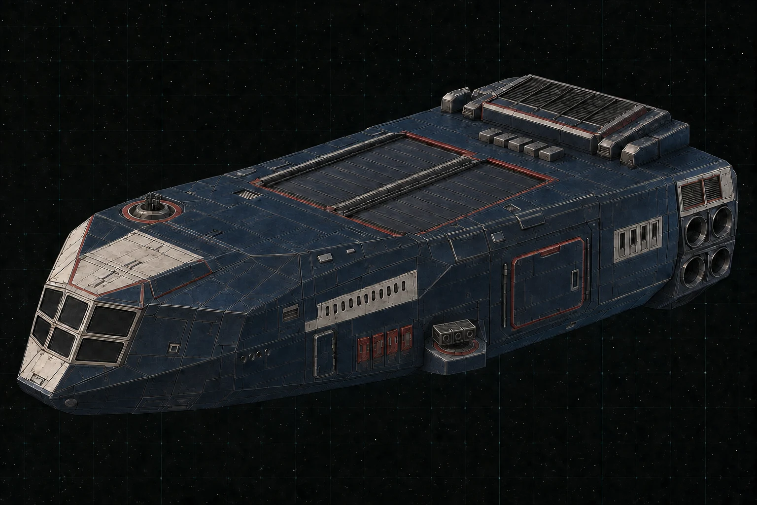 Painted three-quarter view of Perry, a navy, warm-white, and signal-red three-hundred-ton stealth patrol frigate with a closed twin-fighter hangar.