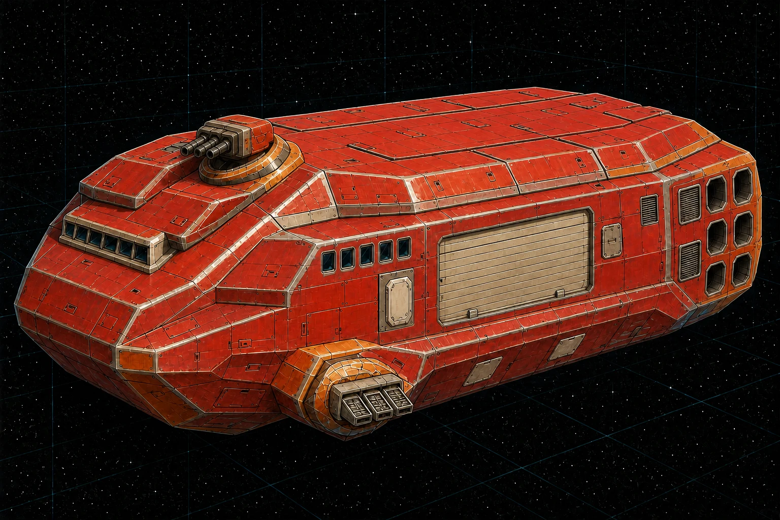 Painted three-quarter view of Casemate, a fire-red, orange, bone, and stainless four-hundred-ton armored system-defense boat.