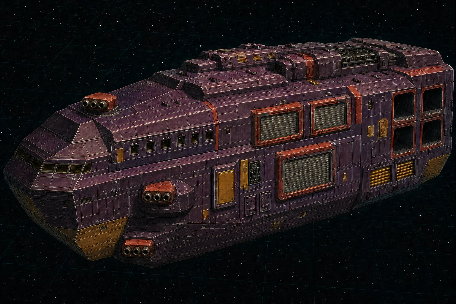 Painted three-quarter view of Blackbeard, an aubergine, vermilion, and mustard six-hundred-ton raider with a closed three-craft hangar.