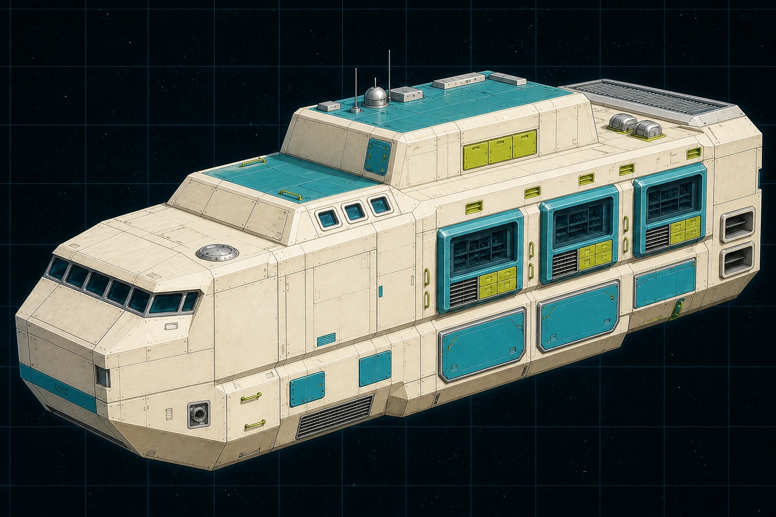 Painted three-quarter view of Bacon, a warm-white, cyan, lime, and chrome two-hundred-ton research vessel with two closed Dory launch cells.
