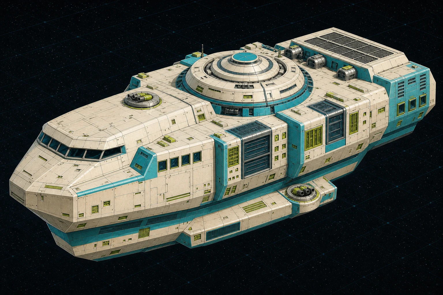 Painted three-quarter view of Galileo, a warm-white, cyan, lime, and chrome three-hundred-ton armed survey vessel with a ringed observatory.