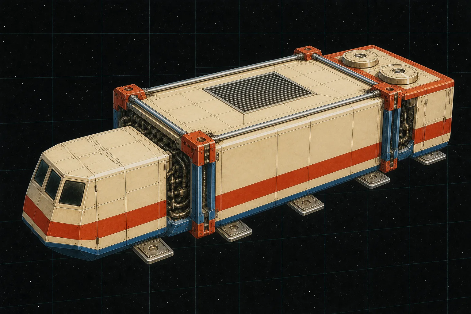 Painted three-quarter view of Proteus Modular, an ivory, vermilion, and blue fifty-ton unfaired chassis with a sealed central module.