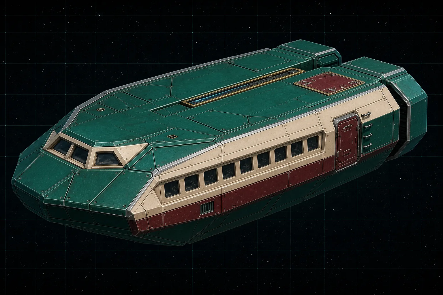 Painted three-quarter view of Grapnel, an emerald thirty-ton armored boarding boat with seven passenger windows and a fixed beam laser.