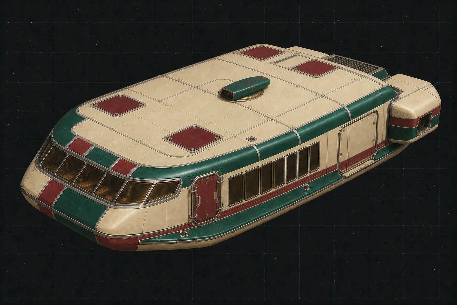 Painted three-quarter view of Wayfarer Boarding, an emerald and cream thirty-ton boarding boat with a fixed beam emitter and airlock rails.