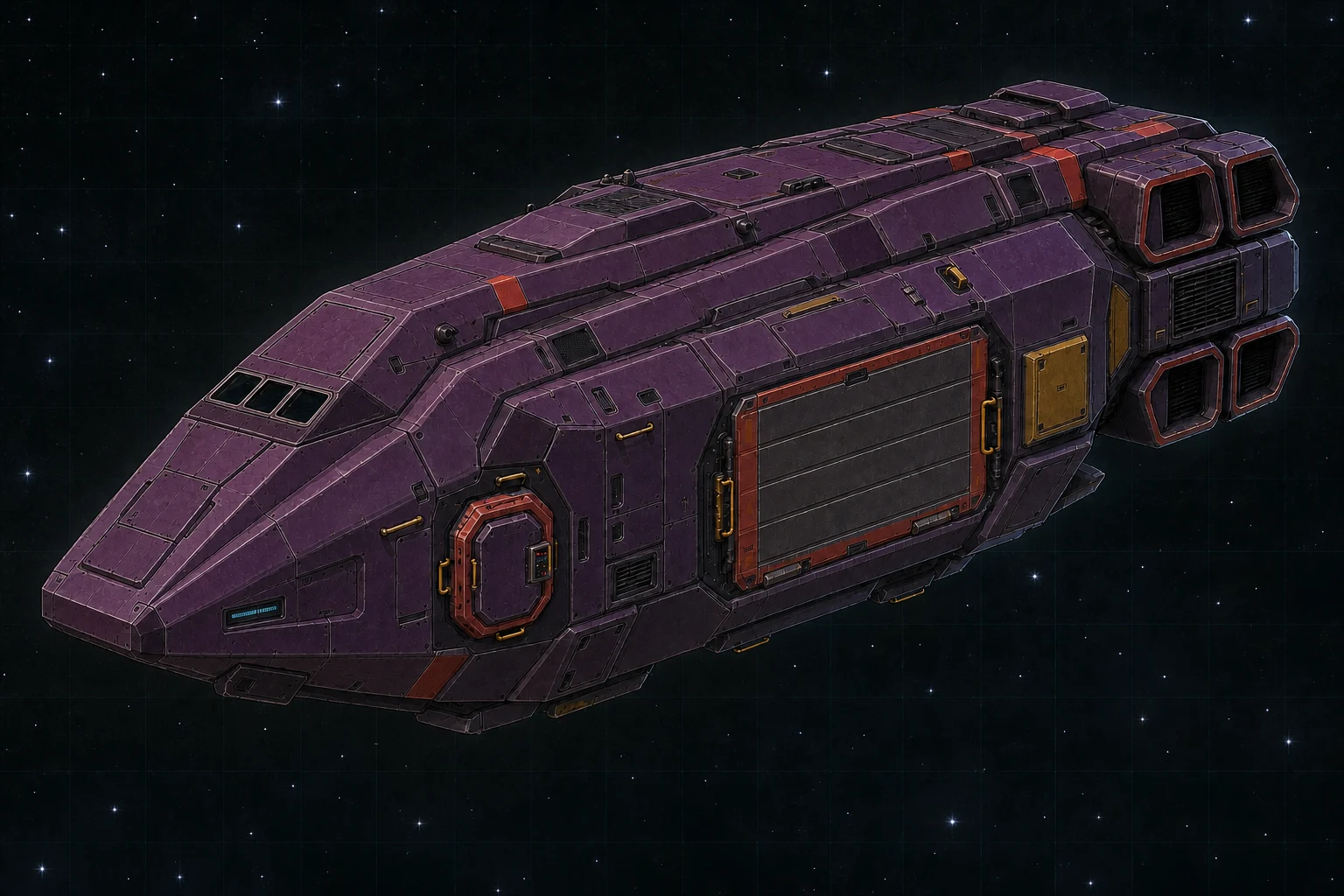Painted three-quarter view of Cutlass, an aubergine, vermilion, mustard, and blackened-chrome fifty-ton assault cutter with a fixed beam laser.