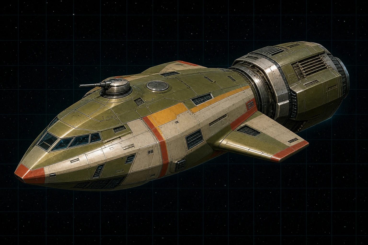 Painted three-quarter view of Leavitt, an avocado, ochre, brick-red, and polished-aluminum 200-ton lifting-body pathfinder with short wings, one beam turret, and a separate cylindrical engineering stern.